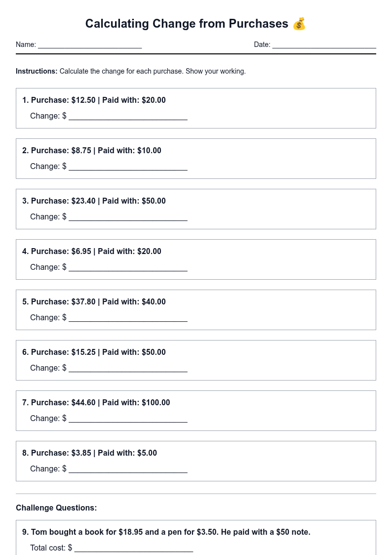 Calculating Change from Purchases