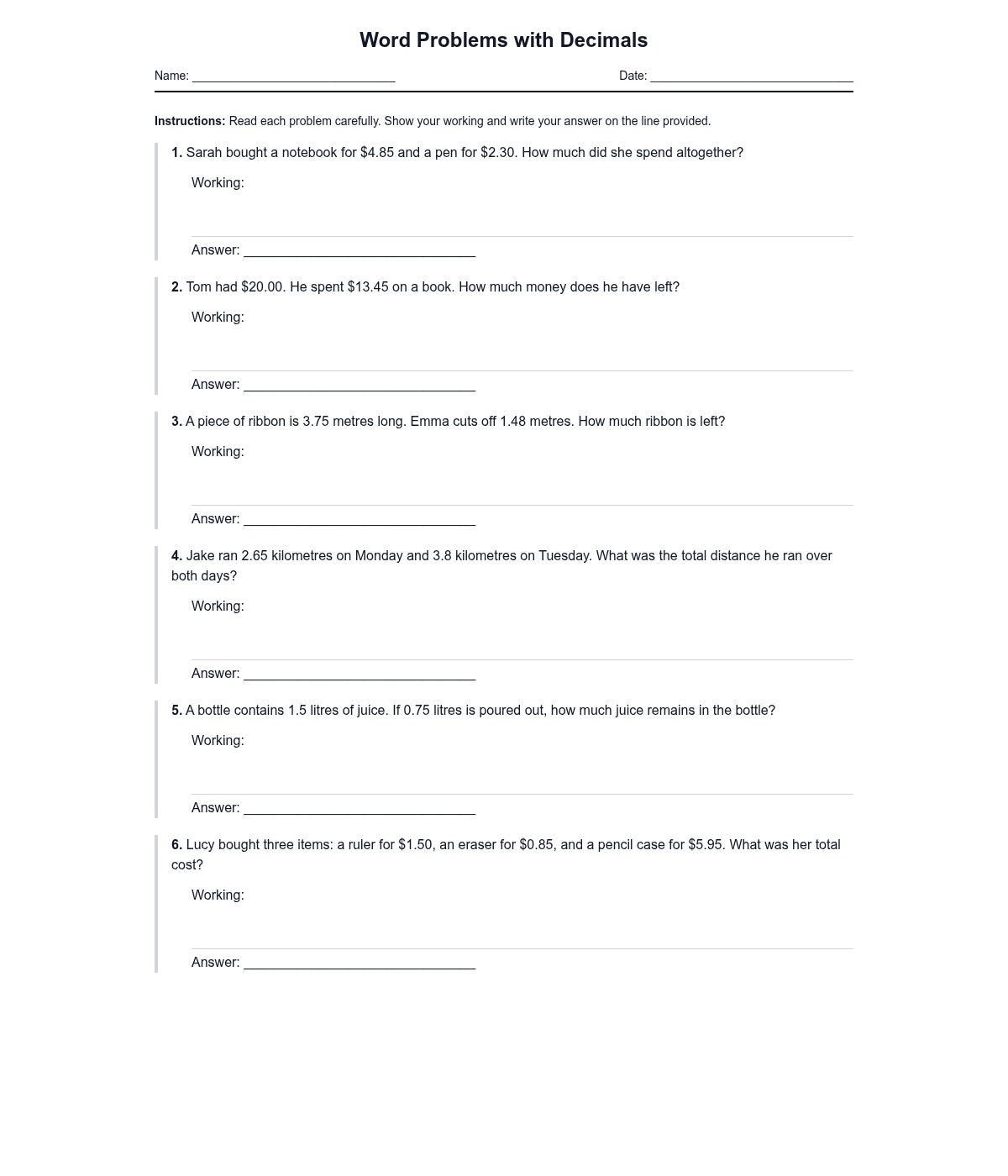 Word Problems with Decimals