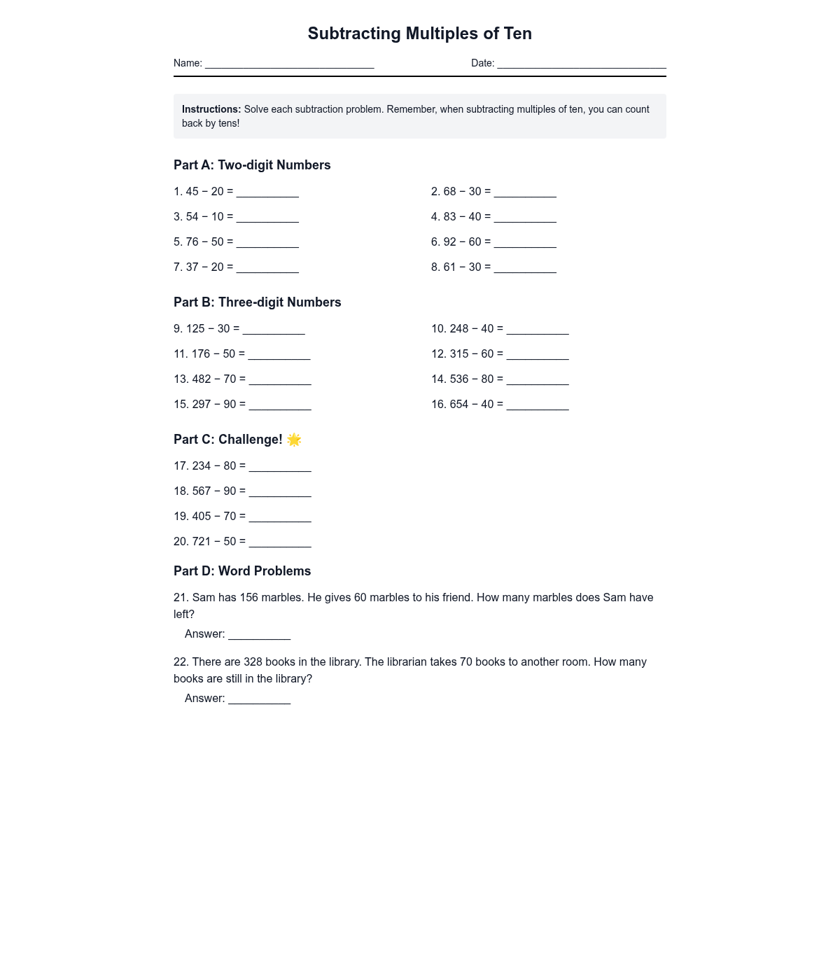 Subtracting Multiples of Ten