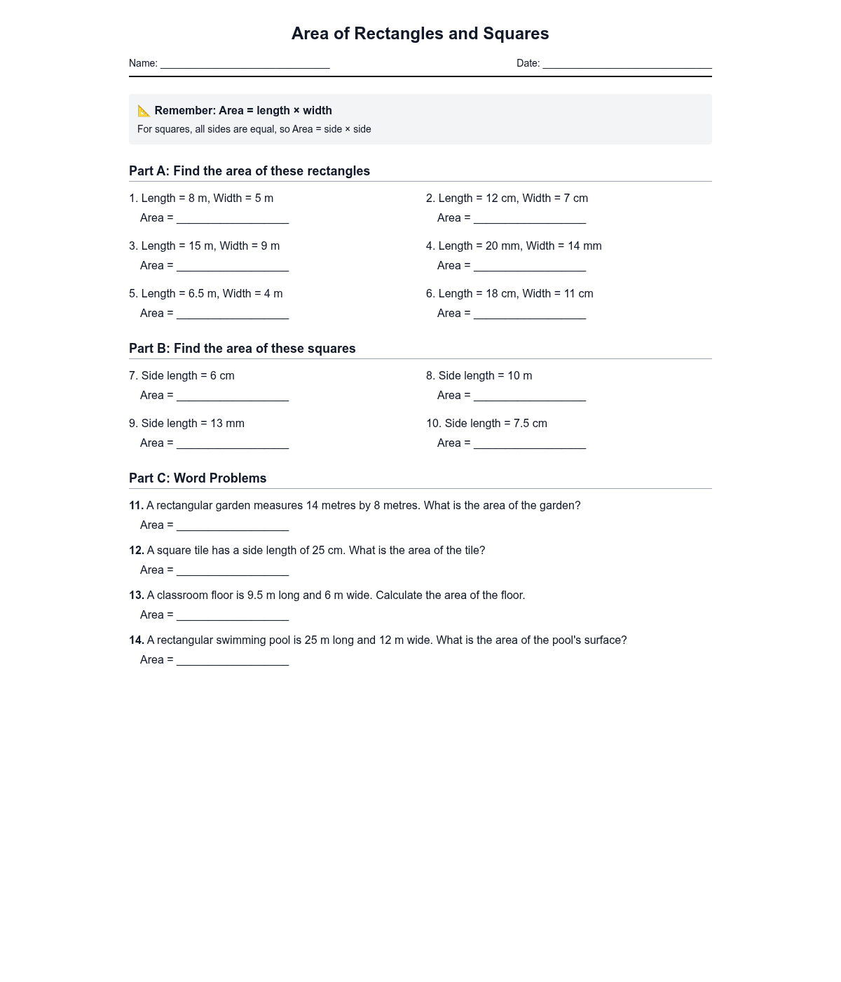 Area of Rectangles and Squares