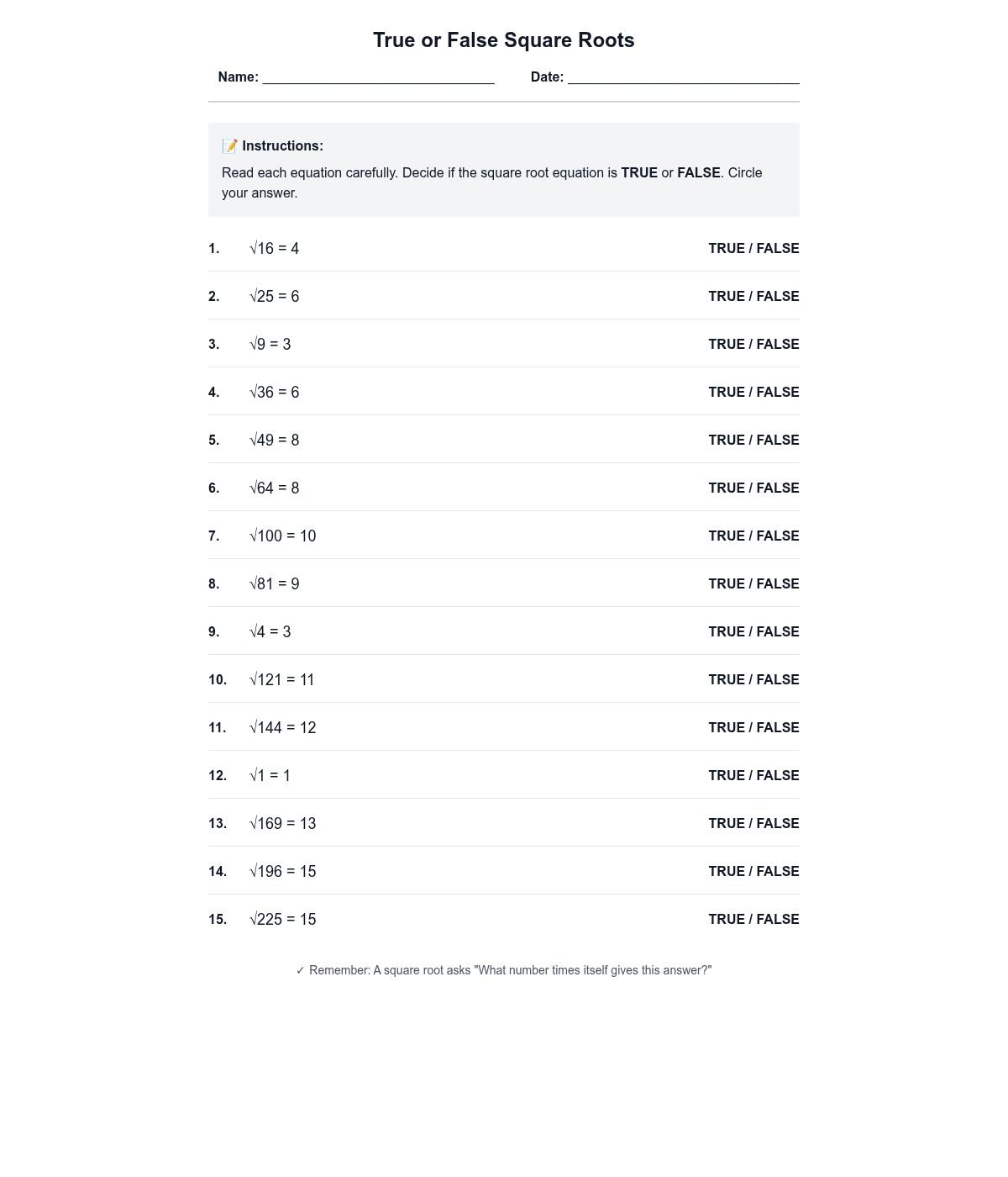 True or False Square Roots