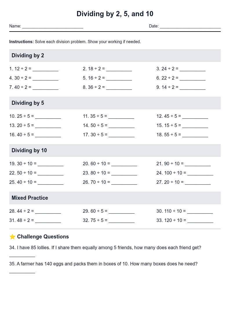 Dividing by 2, 5, and 10