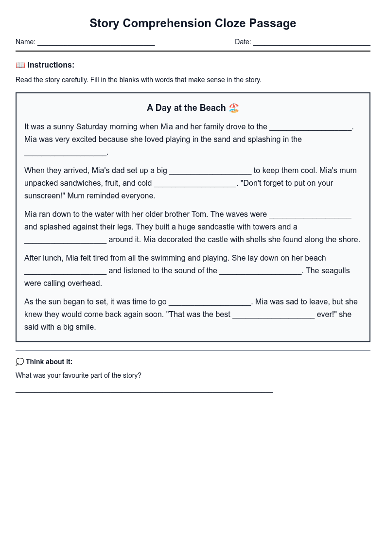 Story Comprehension Cloze Passage