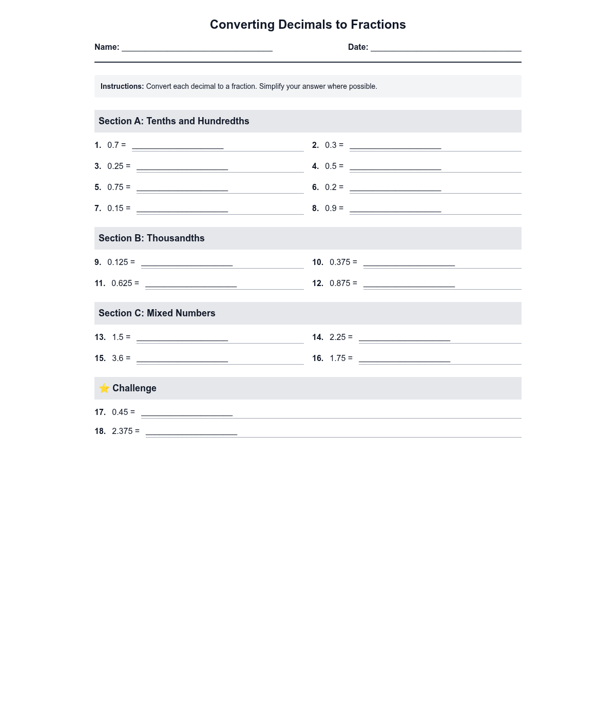 Converting Decimals to Fractions