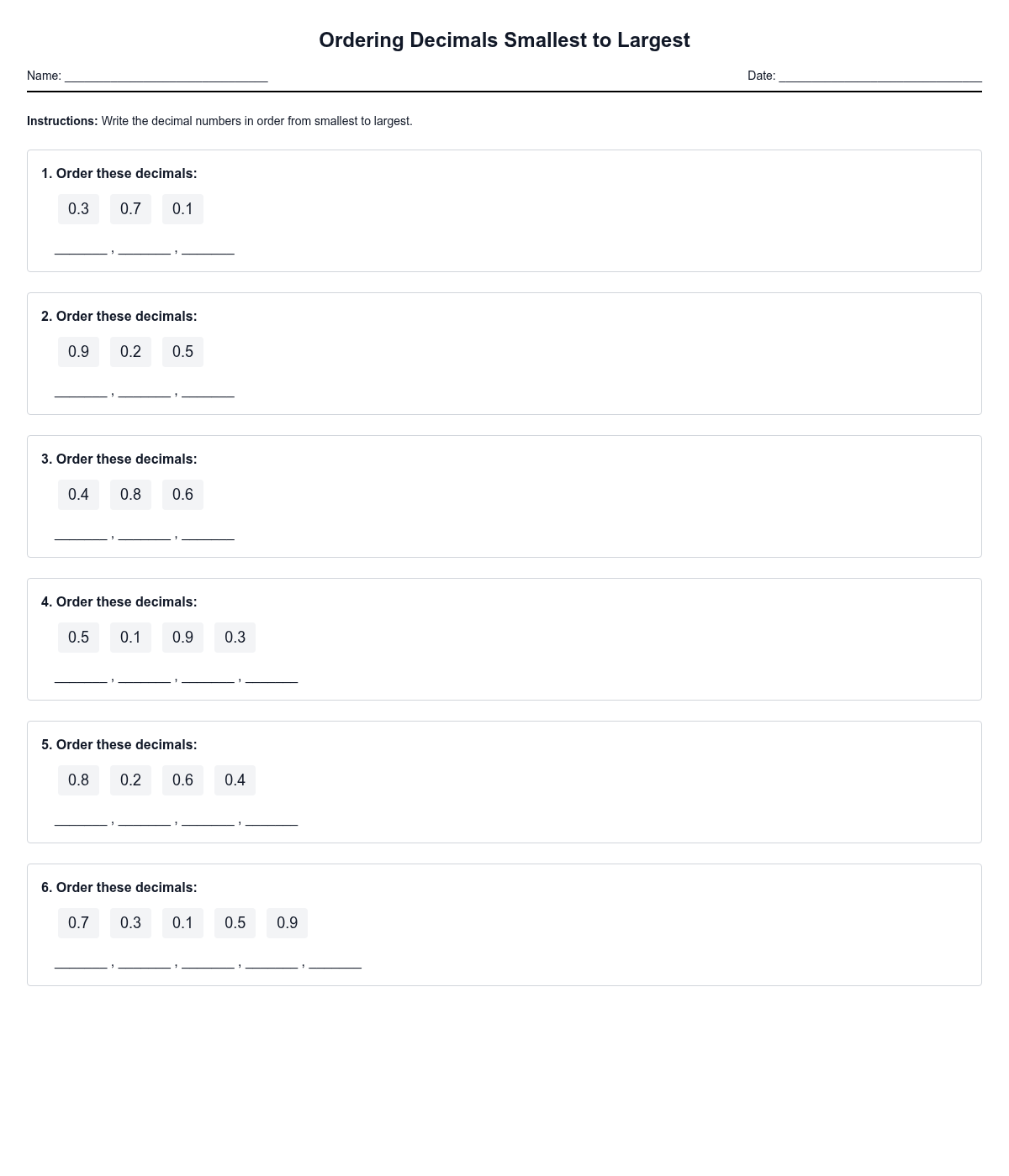 Ordering Decimals Smallest to Largest
