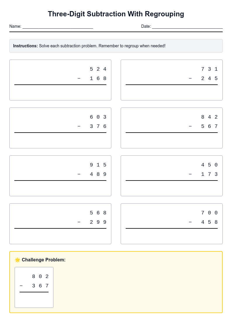 Three-Digit Subtraction With Regrouping