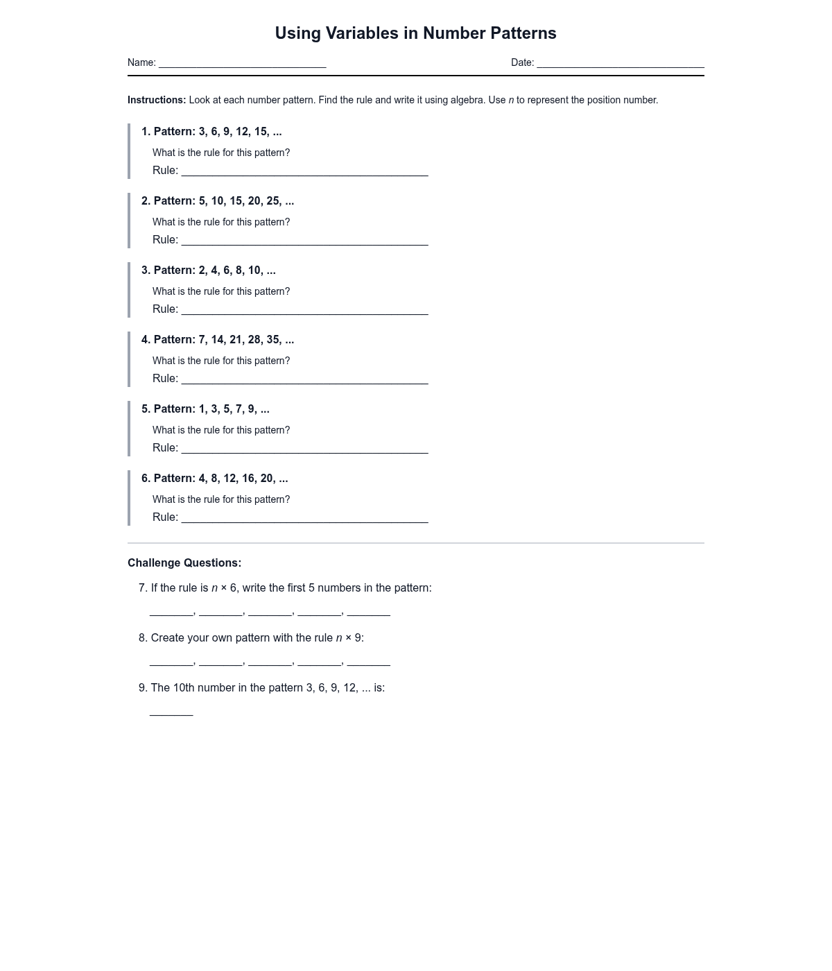 Using Variables in Number Patterns