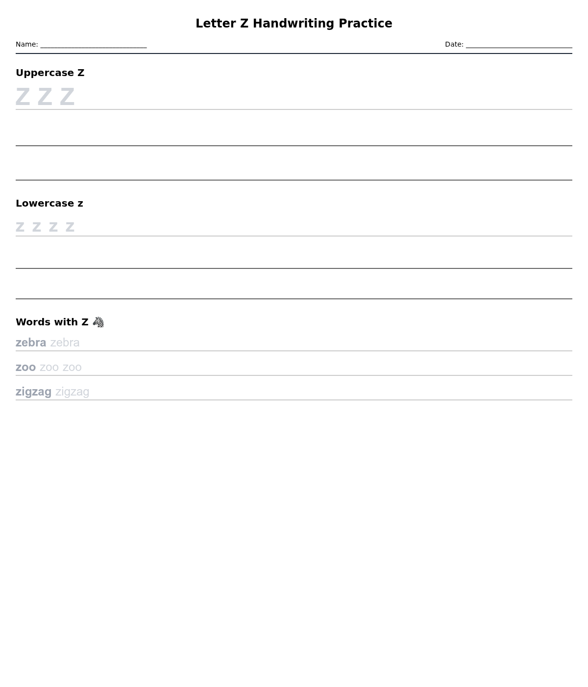 Letter Z Handwriting Practice