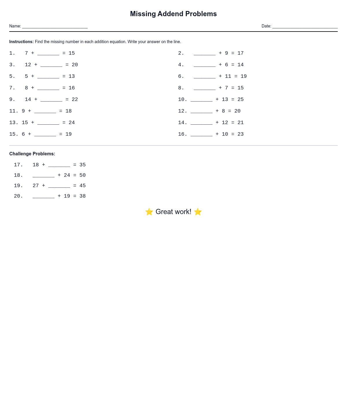 Missing Addend Problems