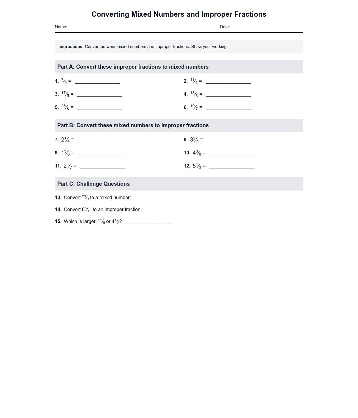 Converting Mixed Numbers and Improper Fractions