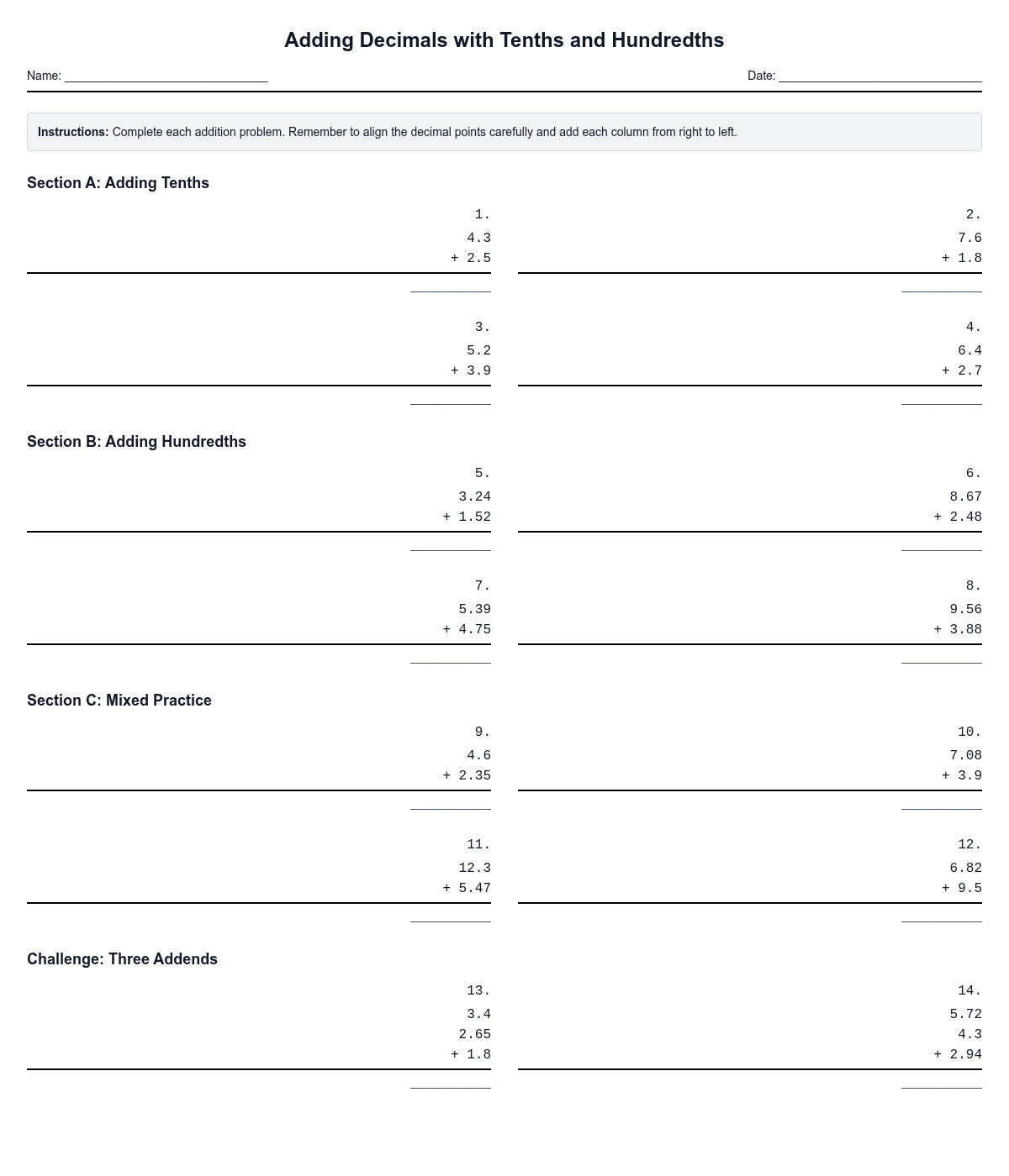 Adding Decimals with Tenths and Hundredths