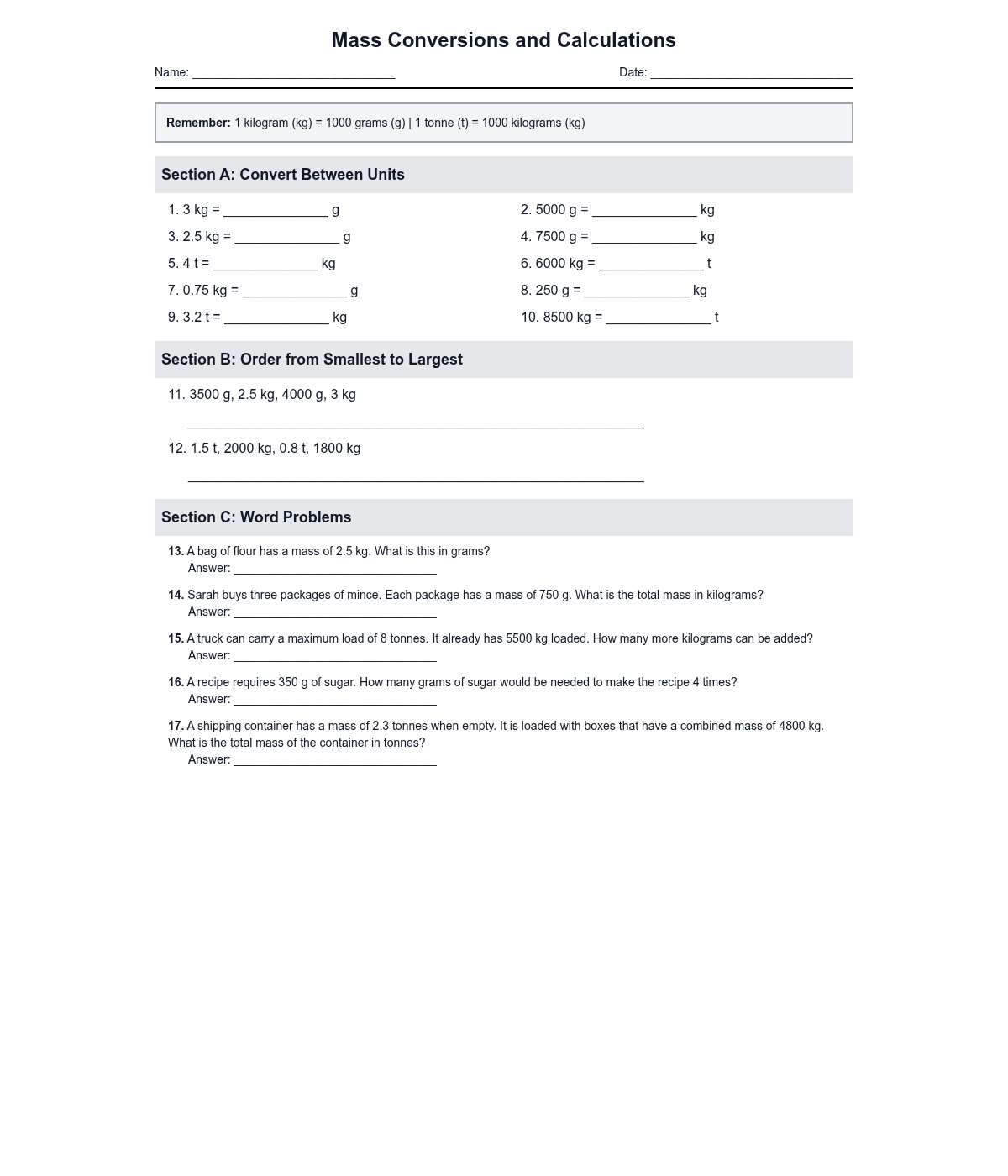 Mass Conversions and Calculations