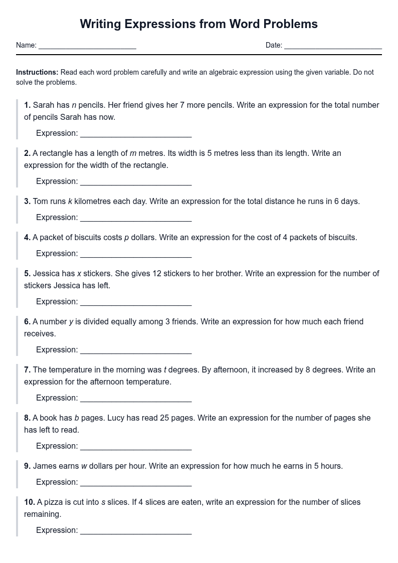 Writing Expressions from Word Problems