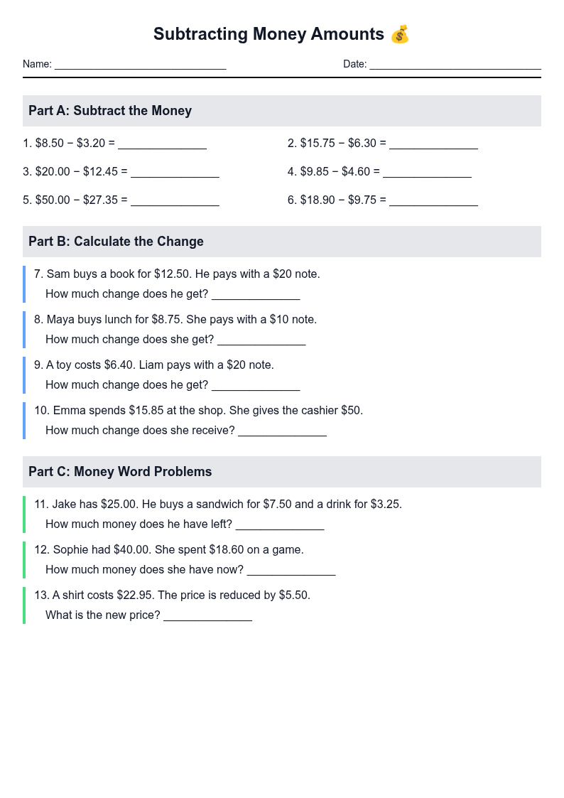 Subtracting Money Amounts