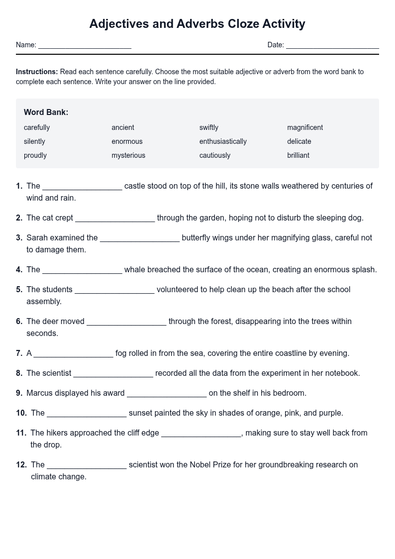 Adjectives and Adverbs Cloze Activity