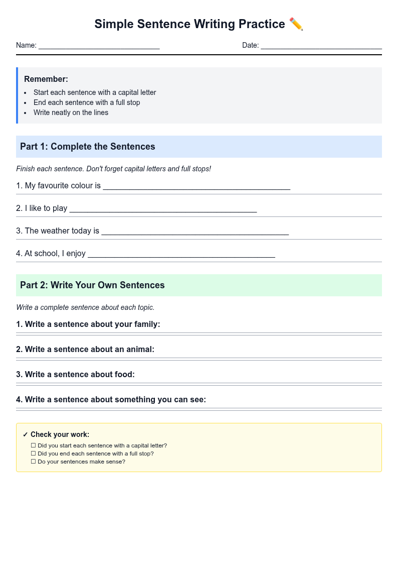 Simple Sentence Writing Practice