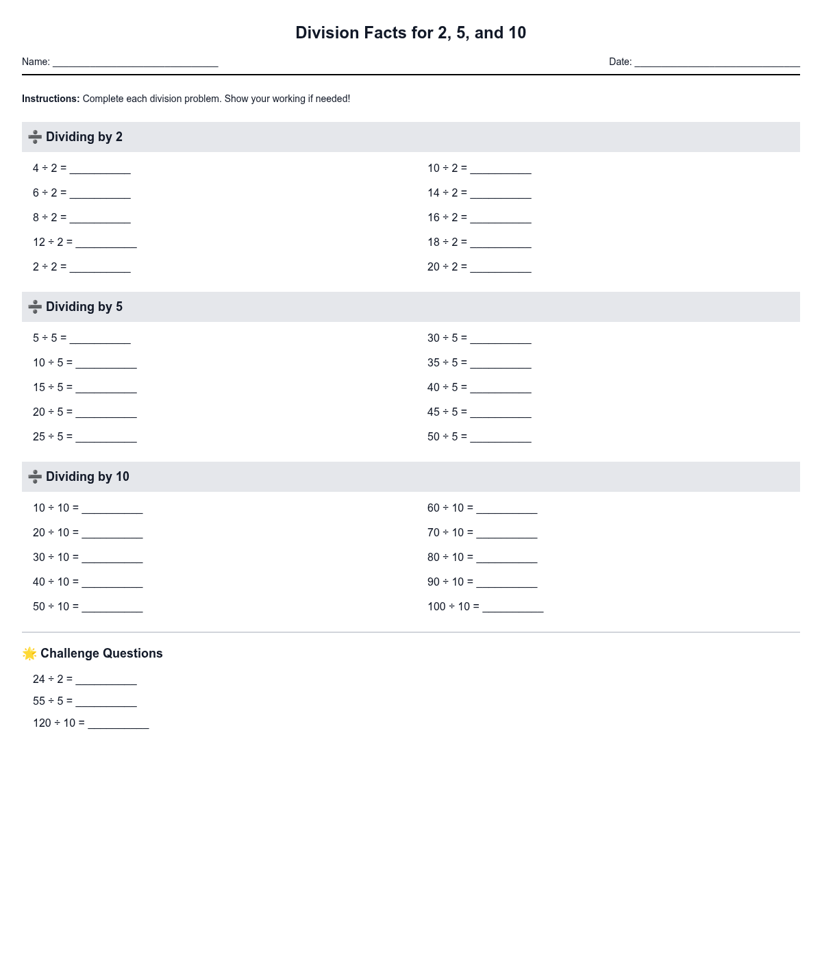 Division Facts for 2, 5, and 10