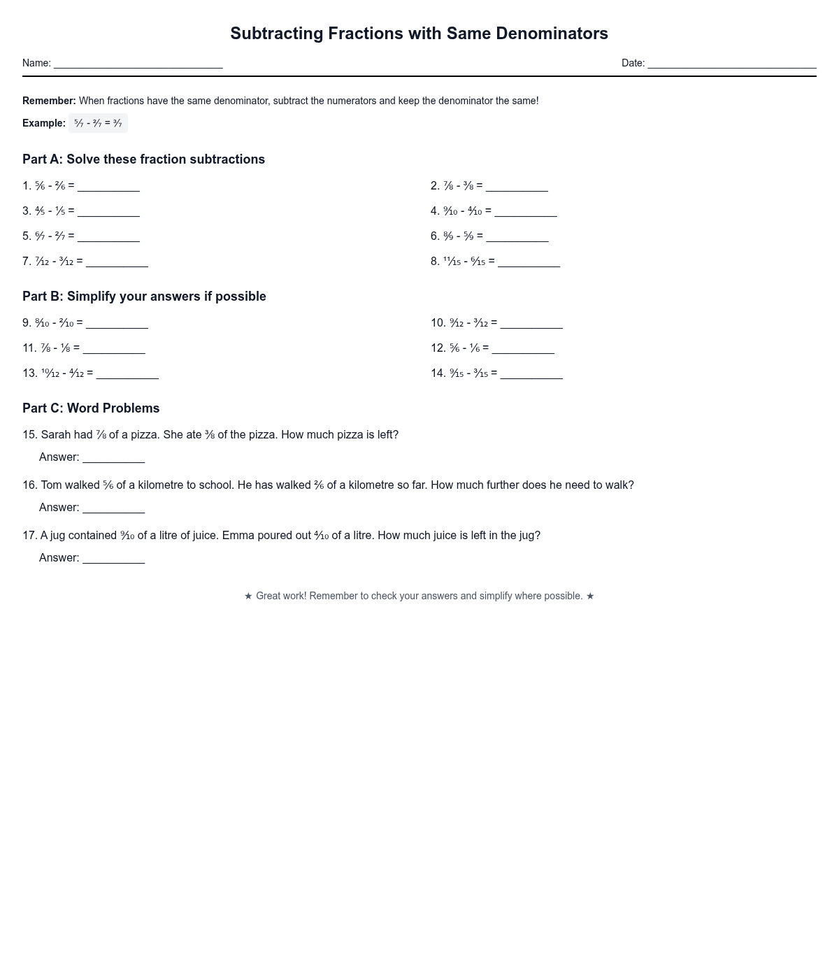 Subtracting Fractions with Same Denominators