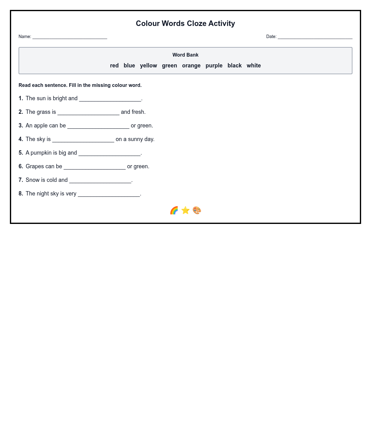 Colour Words Cloze Activity