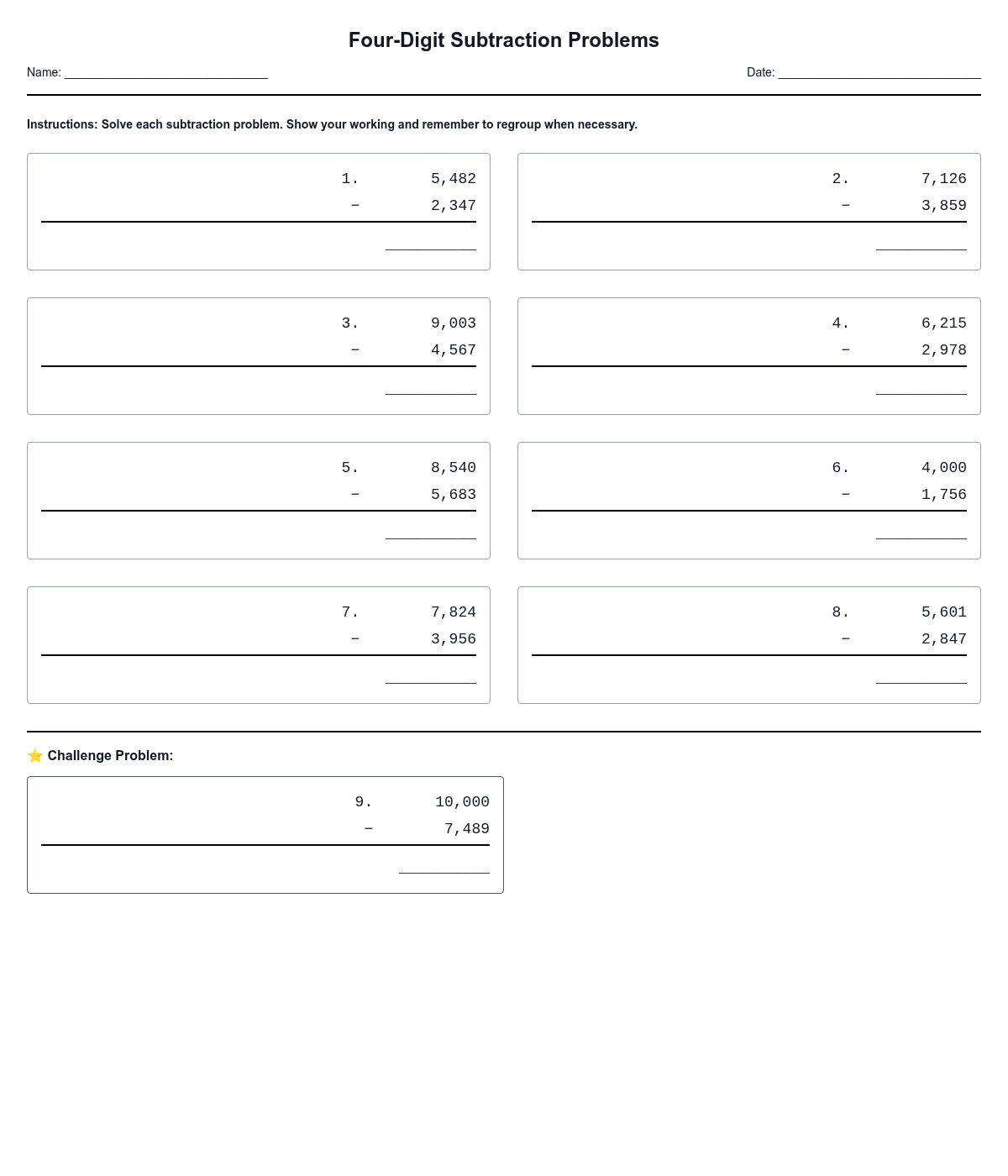 Four-Digit Subtraction Problems