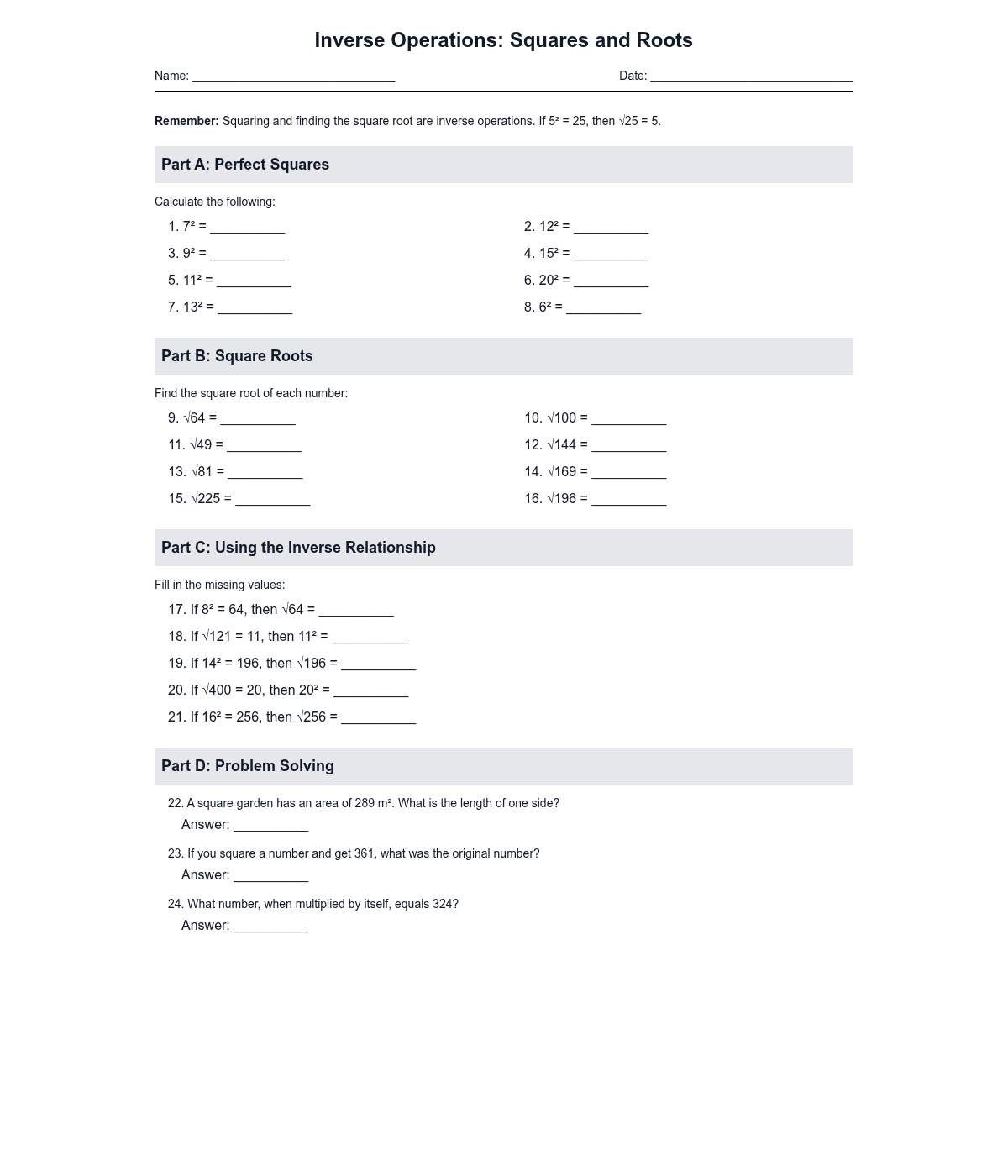 Inverse Operations: Squares and Roots