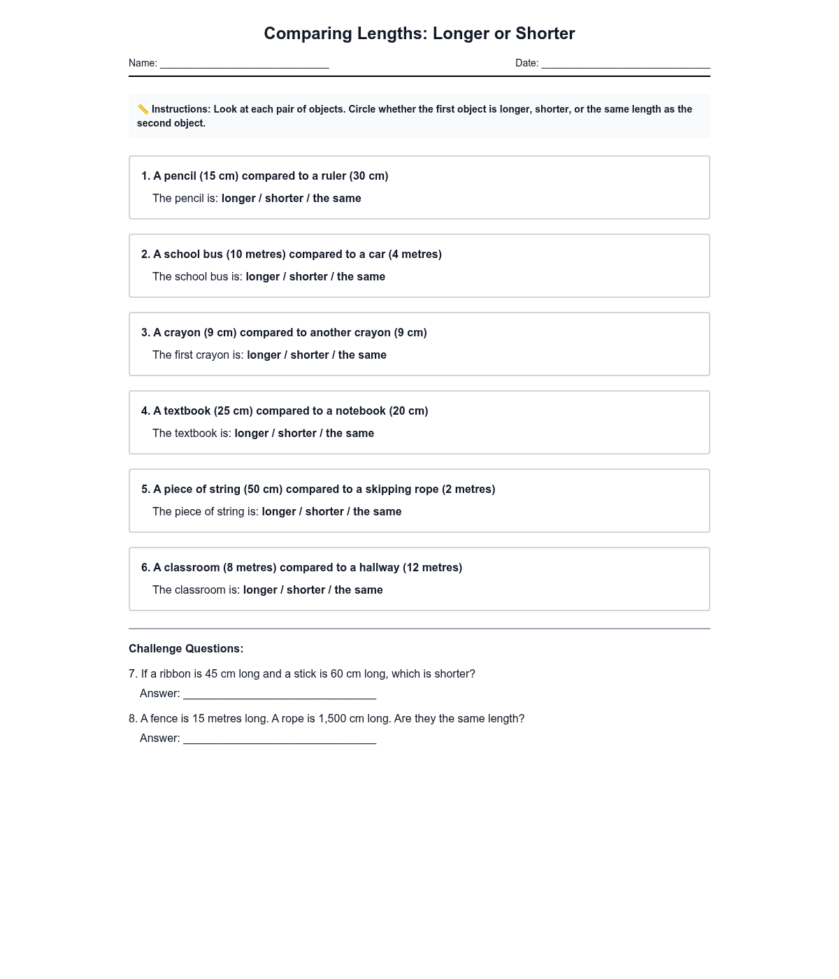 Comparing Lengths: Longer or Shorter