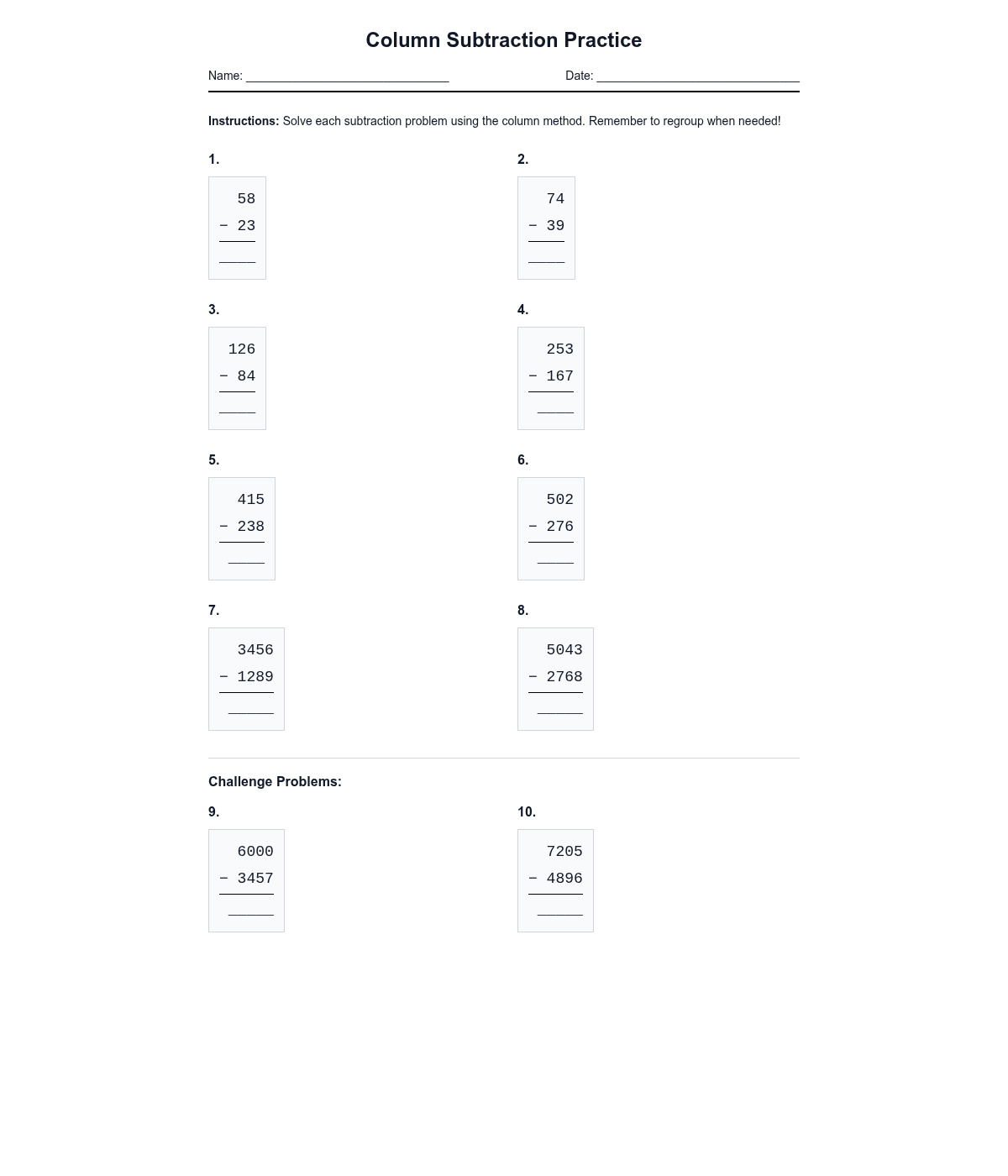 Column Subtraction Practice