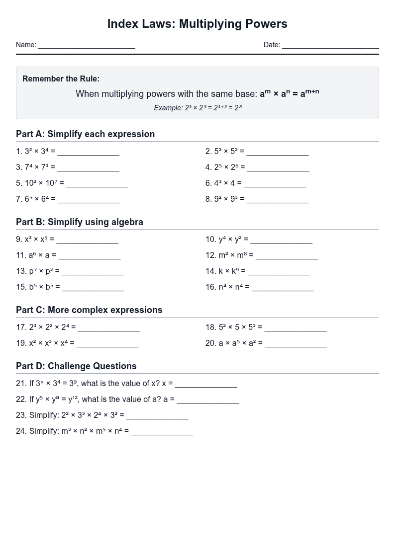 Index Laws: Multiplying Powers