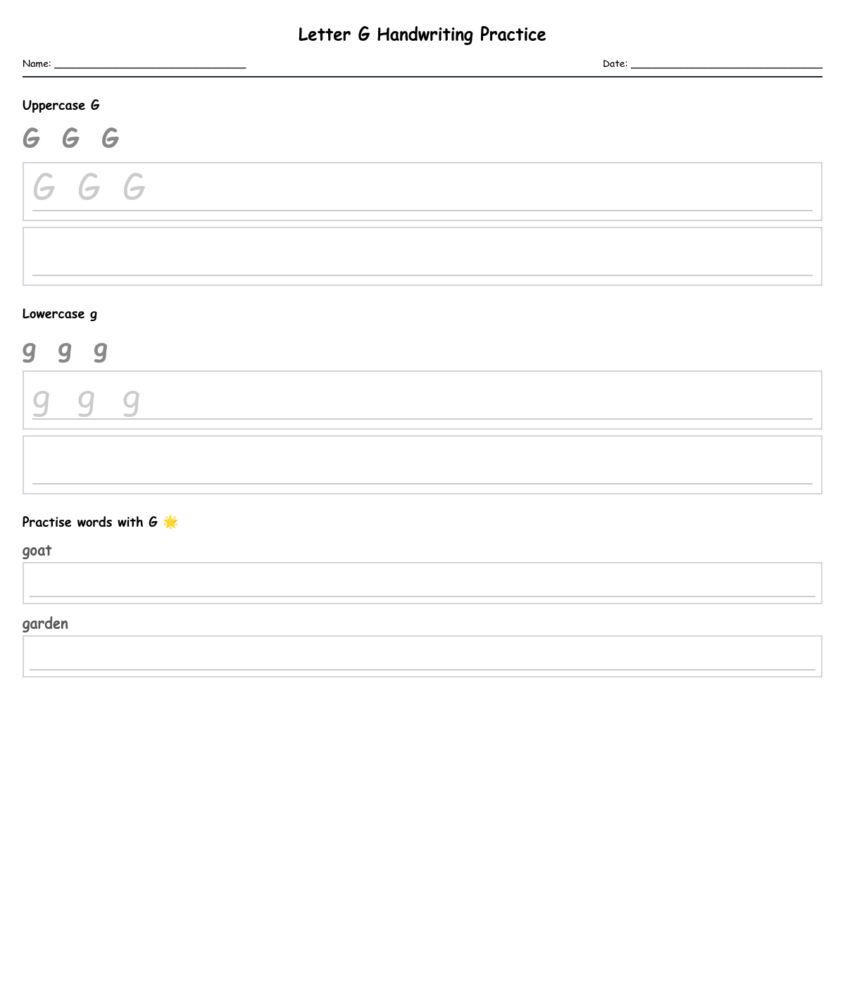 Letter G Handwriting Practice