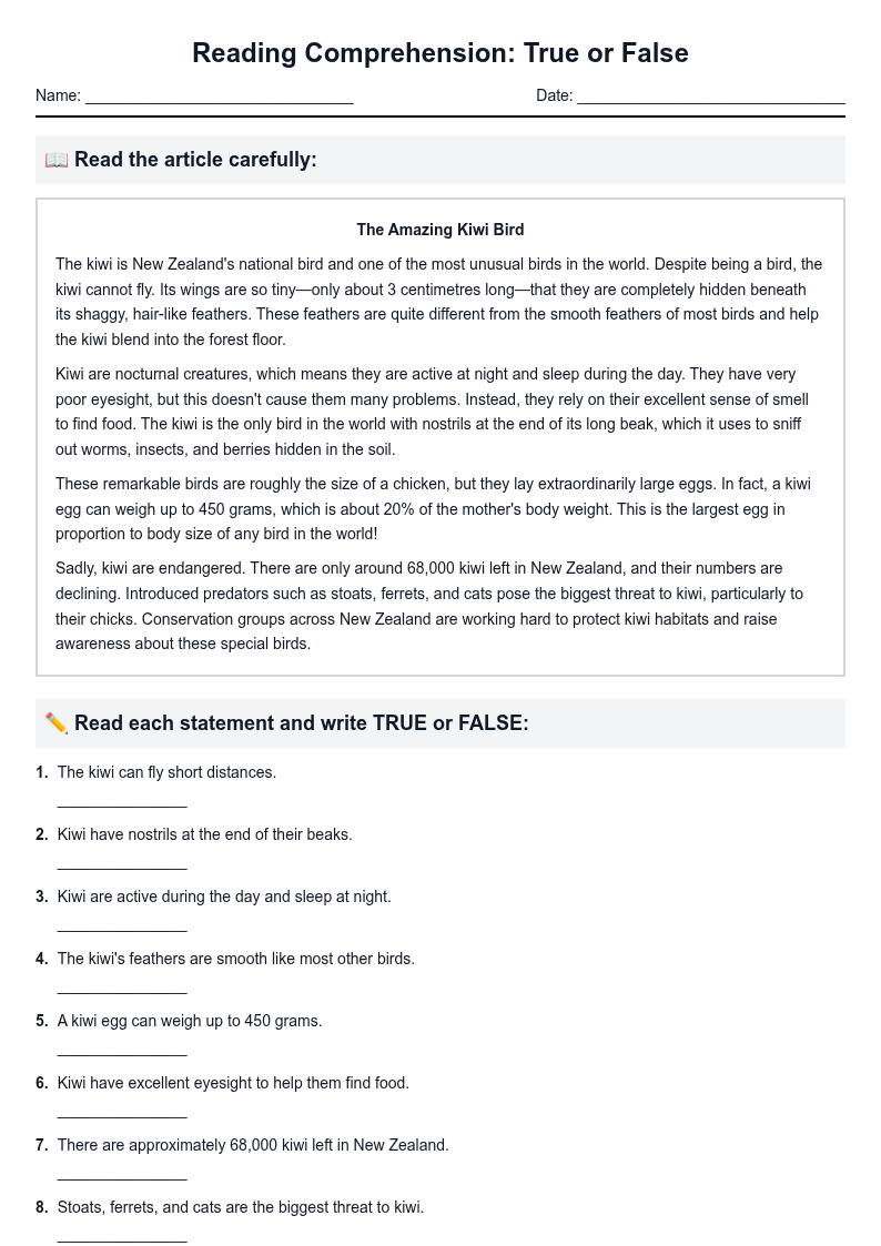 Non-Fiction Article with True or False