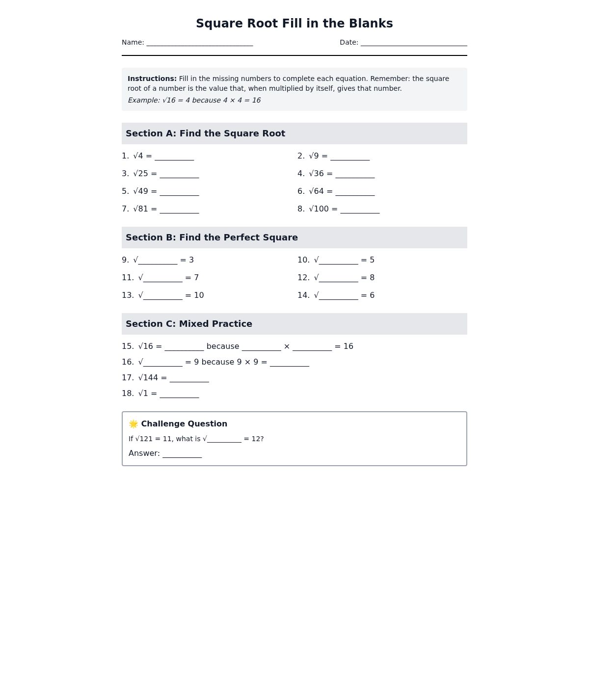 Square Root Fill in the Blanks