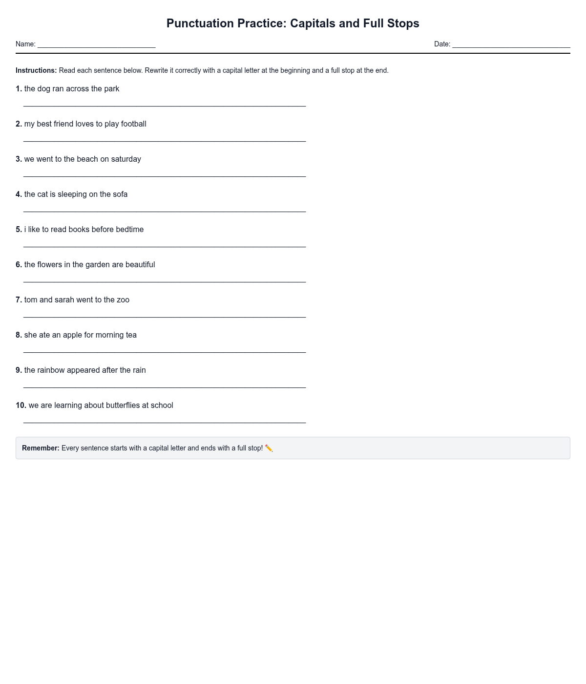 Punctuation Practice: Capitals and Full Stops