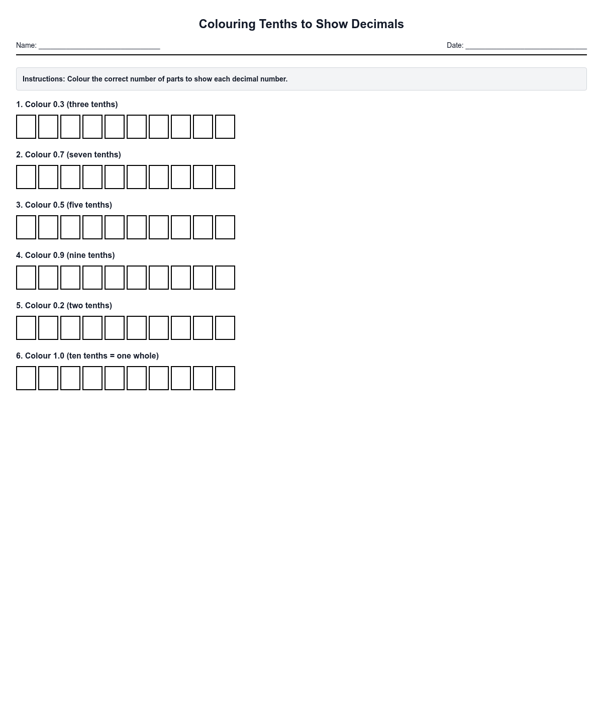 Colouring Tenths to Show Decimals