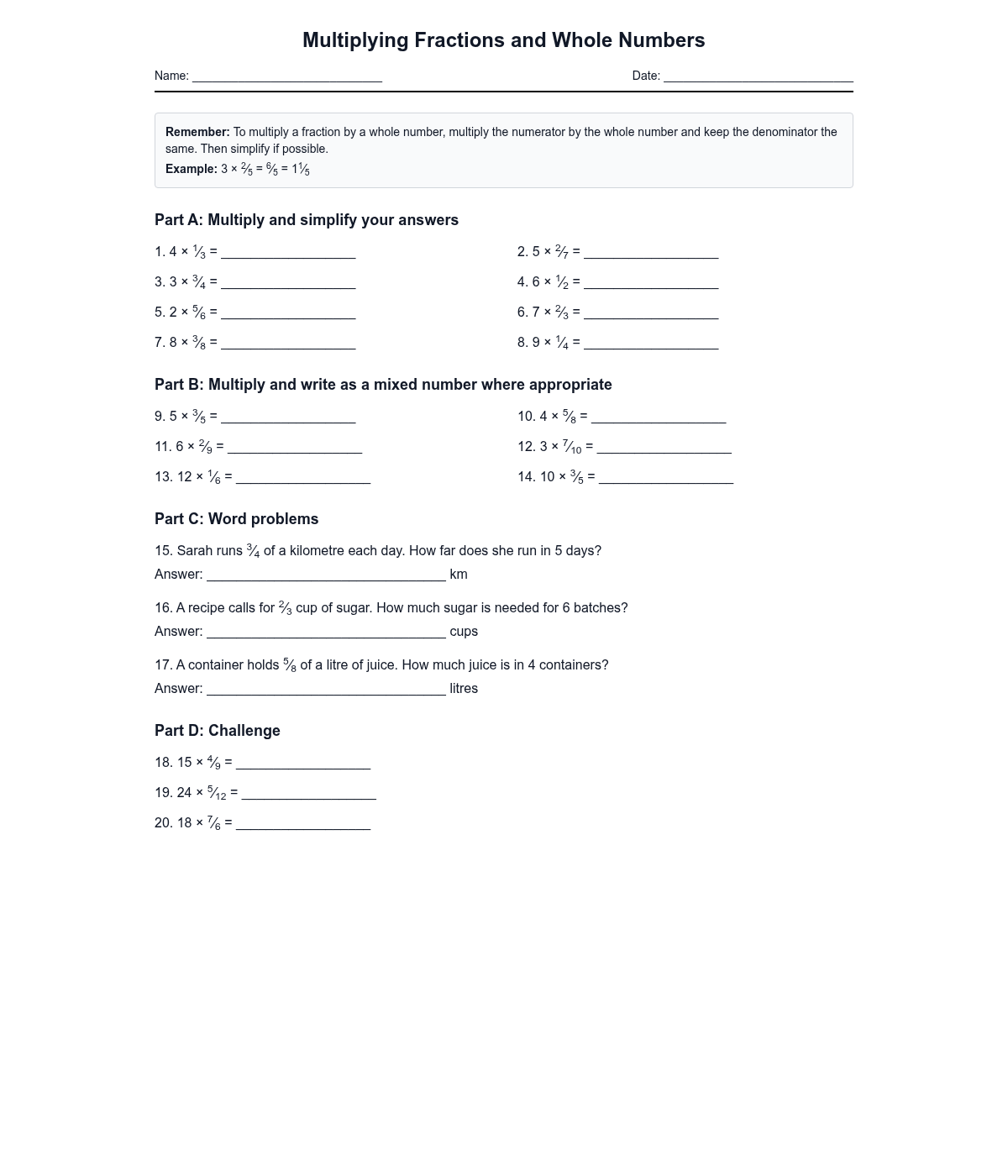 Multiplying Fractions and Whole Numbers
