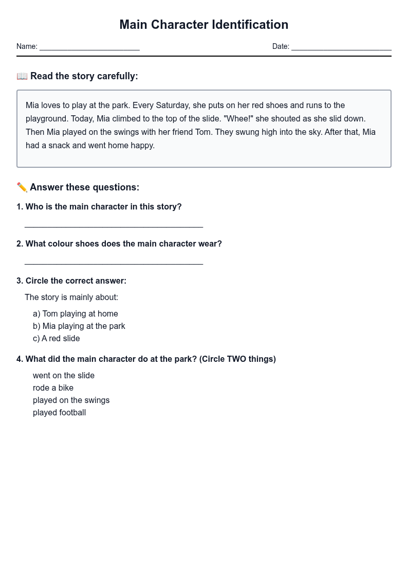 Main Character Identification Worksheet