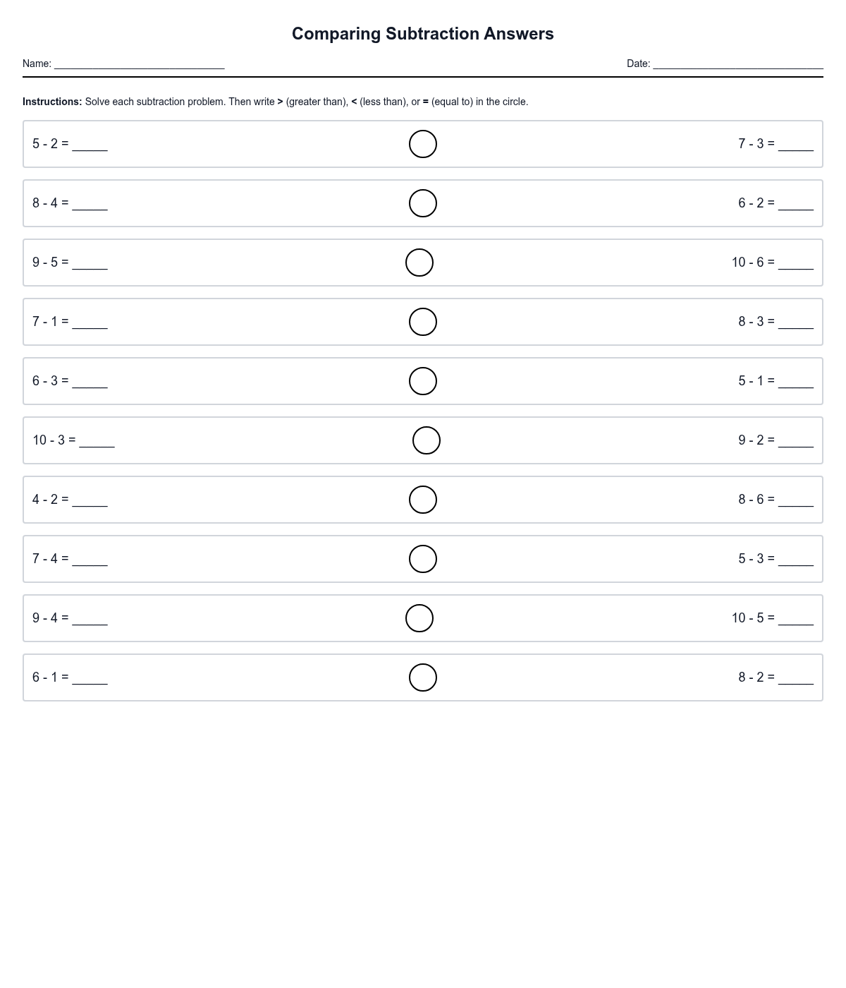 Comparing Subtraction Answers
