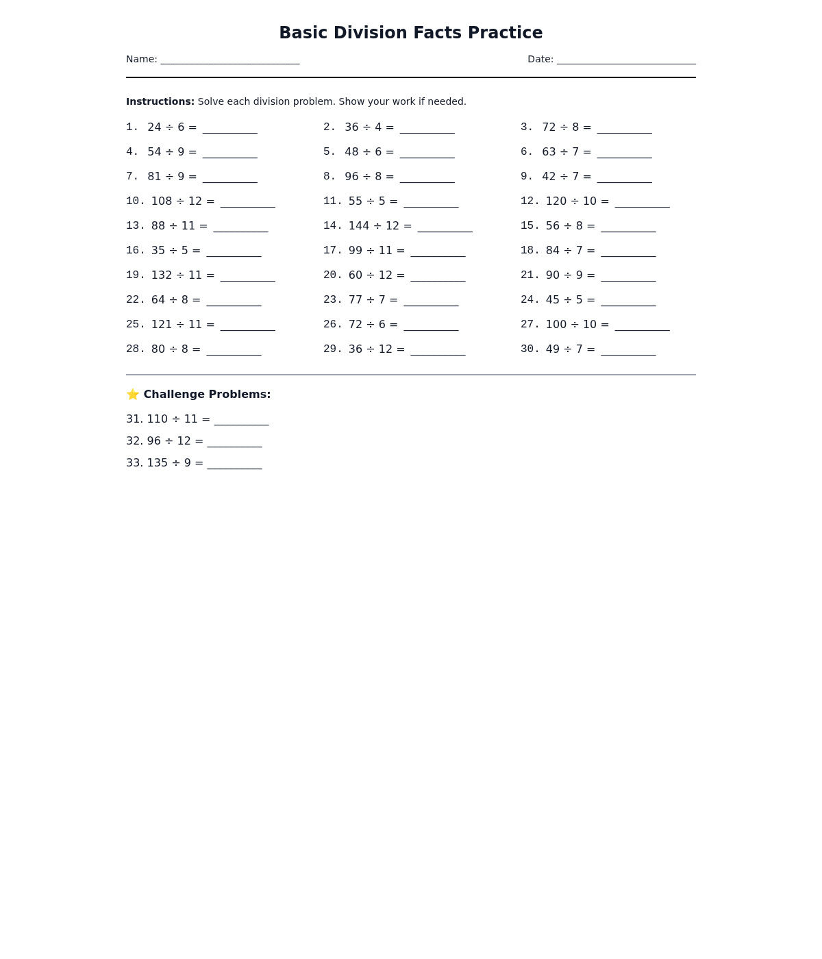 Basic Division Facts Practice
