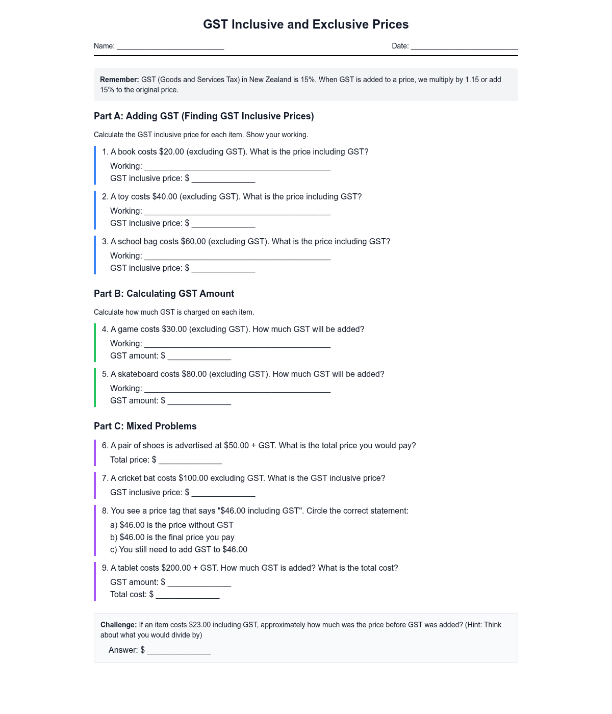 GST Inclusive and Exclusive Prices