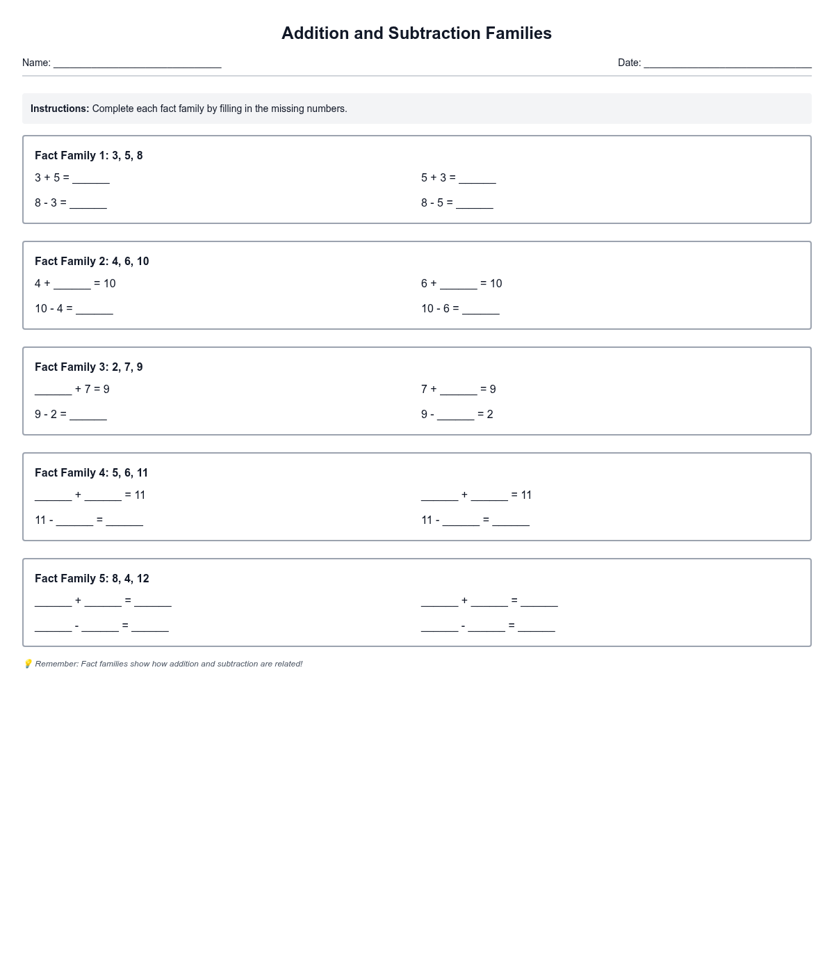 Addition and Subtraction Families