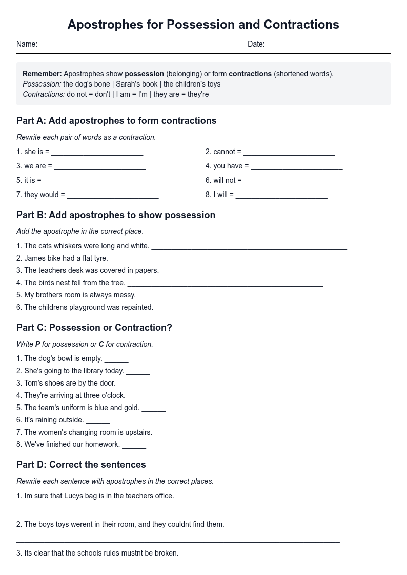 Apostrophes for Possession and Contractions
