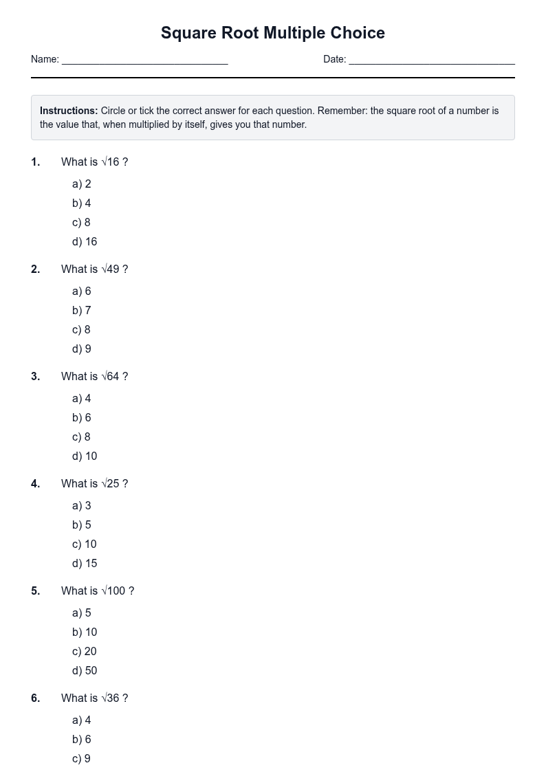 Square Root Multiple Choice