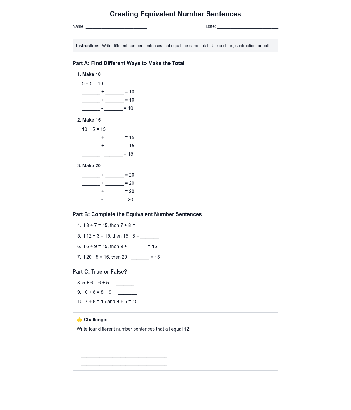 Creating Equivalent Number Sentences