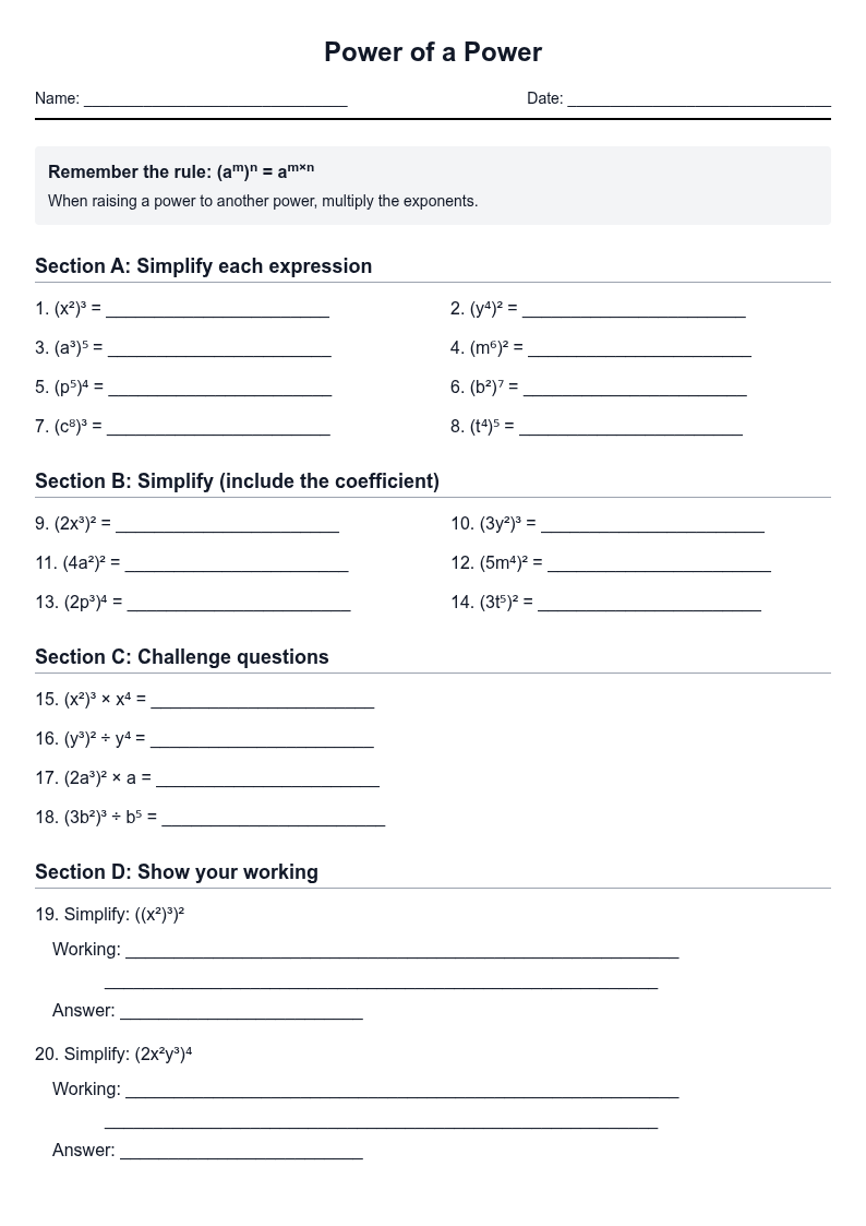Power of a Power Worksheet