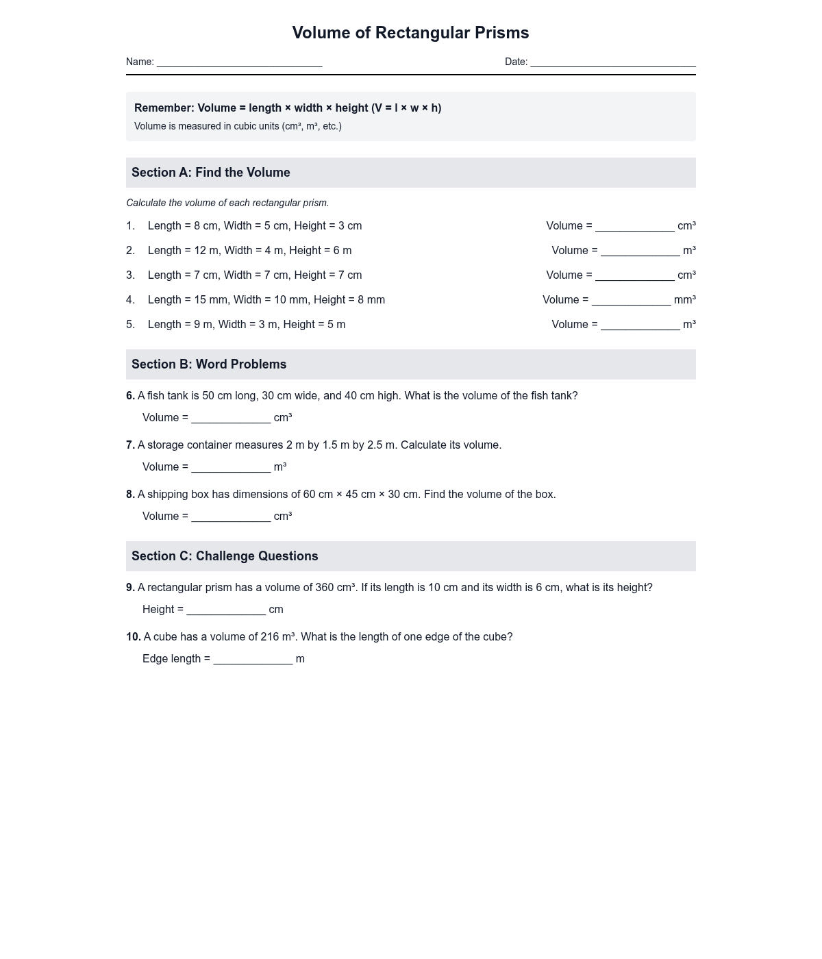 Volume of Rectangular Prisms