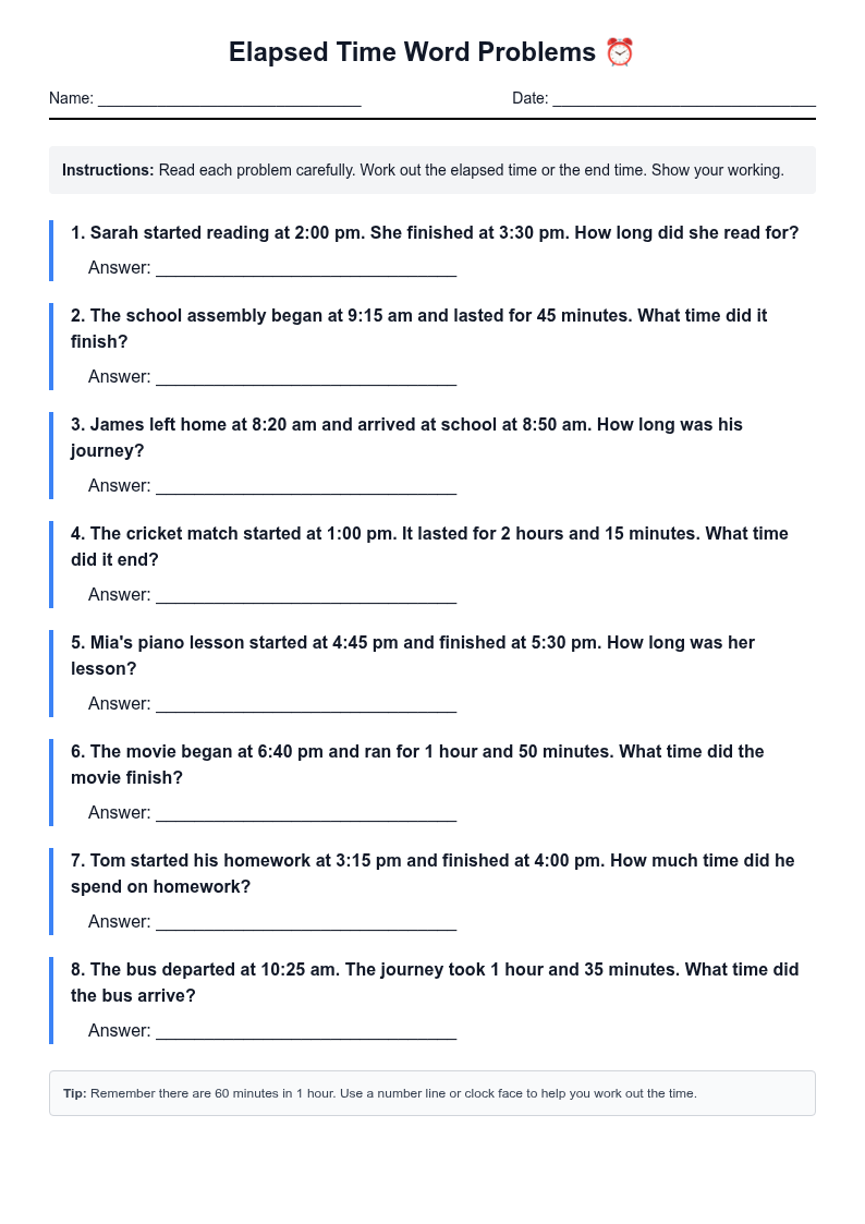 Elapsed Time Word Problems