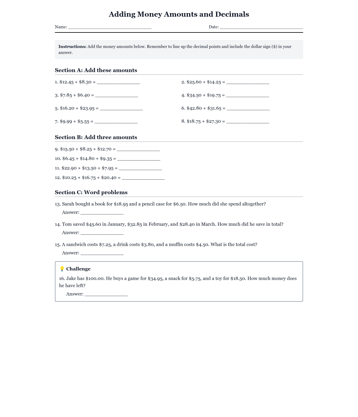 Adding Money Amounts and Decimals
