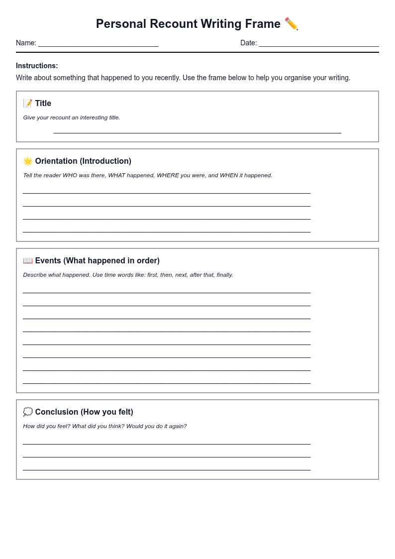 Personal Recount Writing Frame