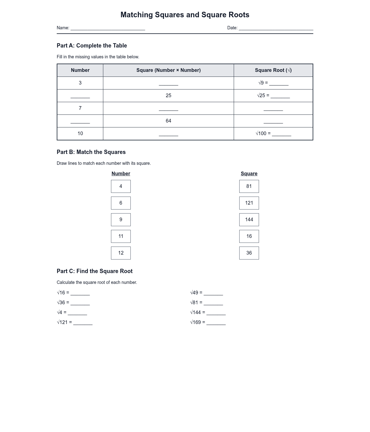 Matching Squares and Square Roots