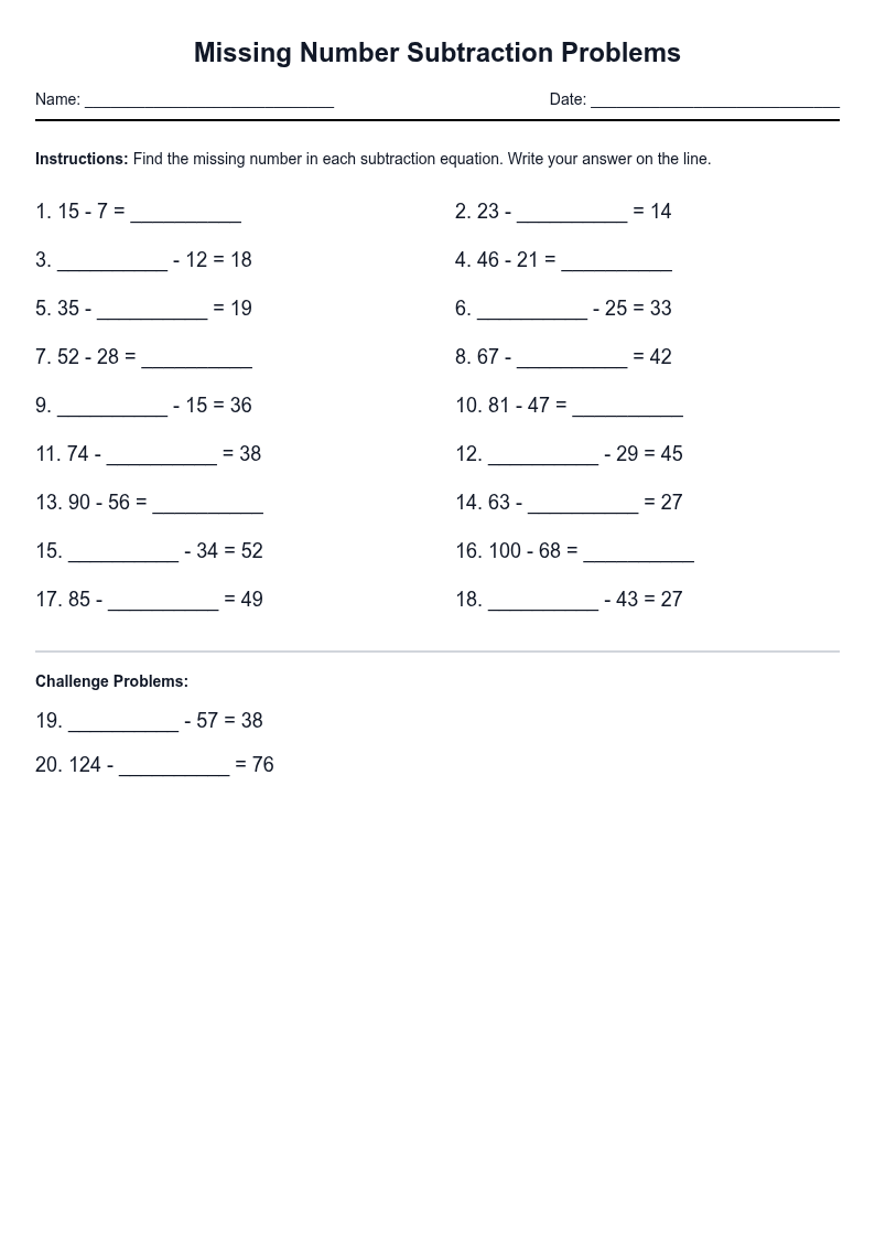 Missing Number Subtraction Problems