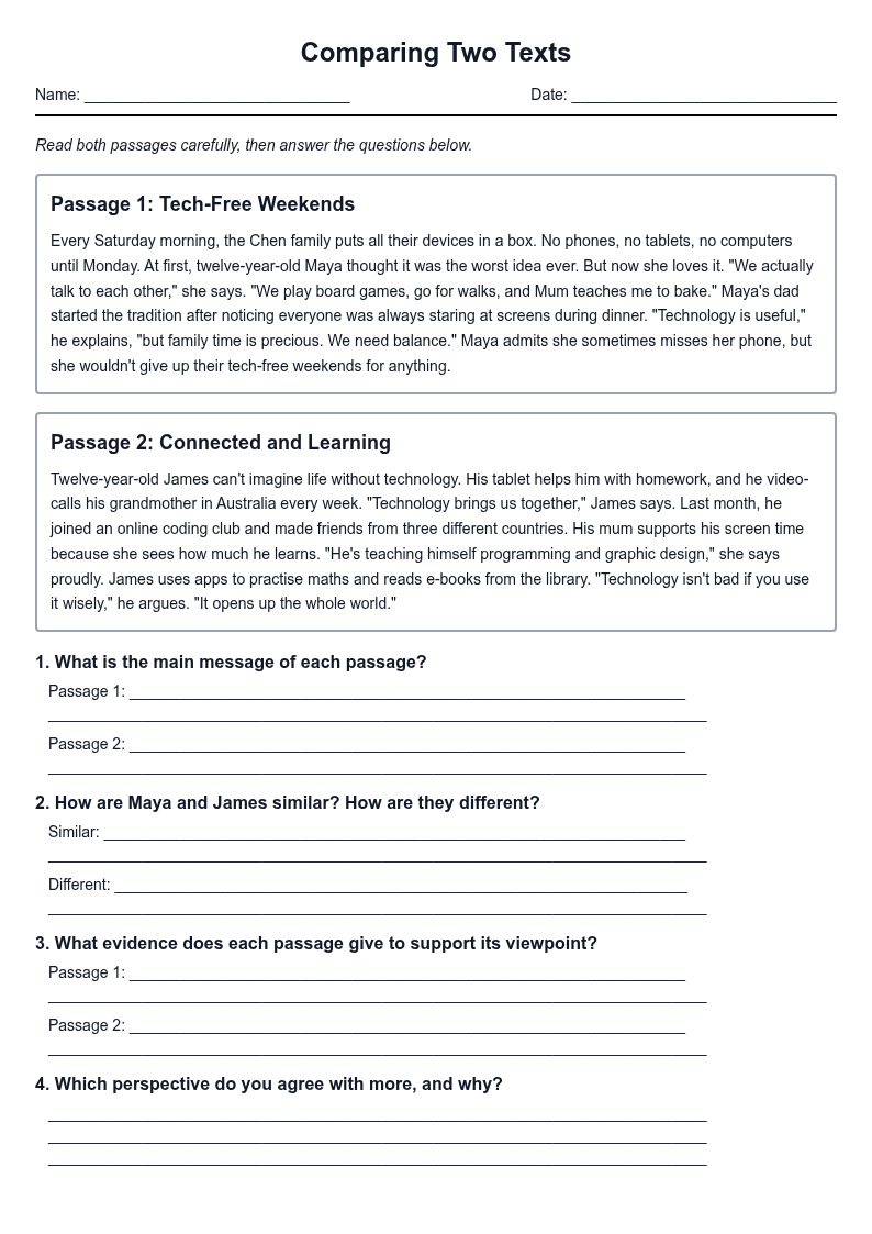 Comparing Two Texts Reading Comprehension